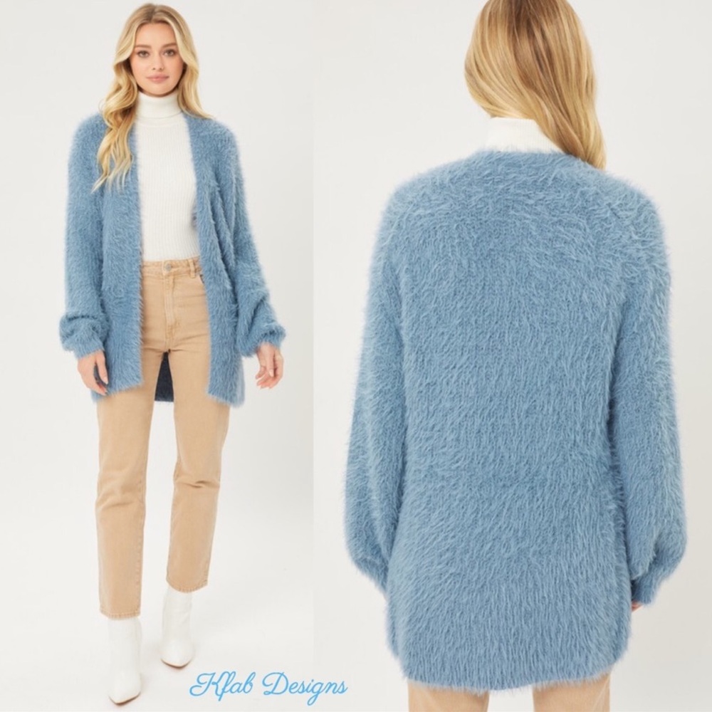 Blue Fuzzy Eyelash Long Stone Soft Open Front Cardigan. - Picture 5 of 5
